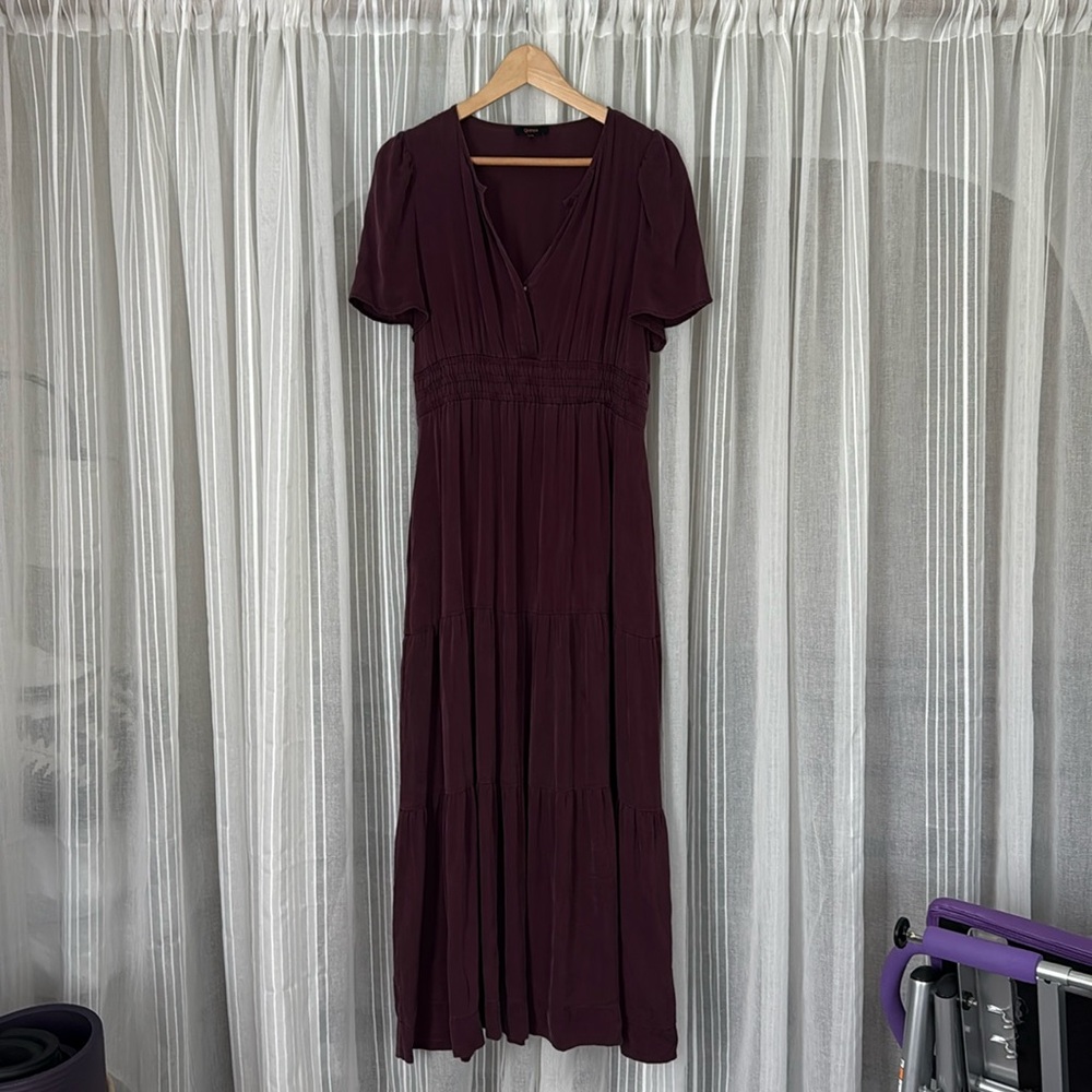 Quince Womens Washable Stretch Silk Tiered Maxi Dress Wine Tasting S